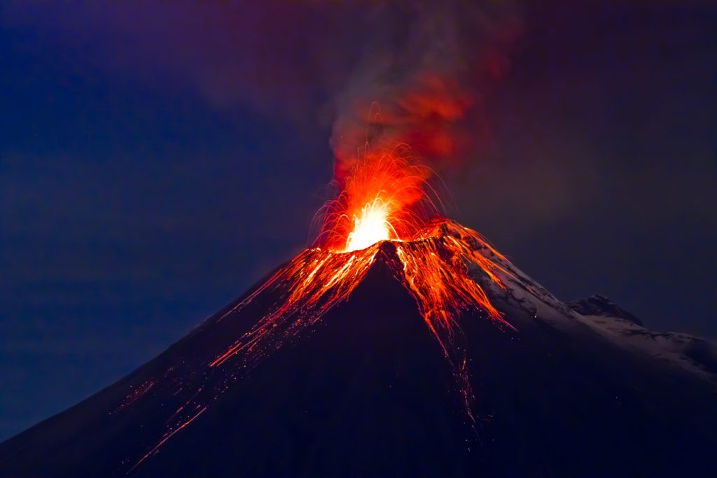 Long exposure of Tungurahua volcano with blue skies