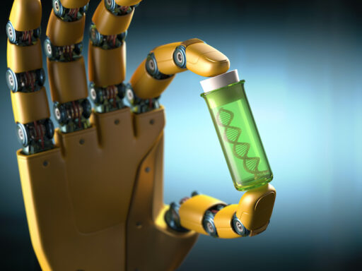 robot hand holding DNA in test tube
